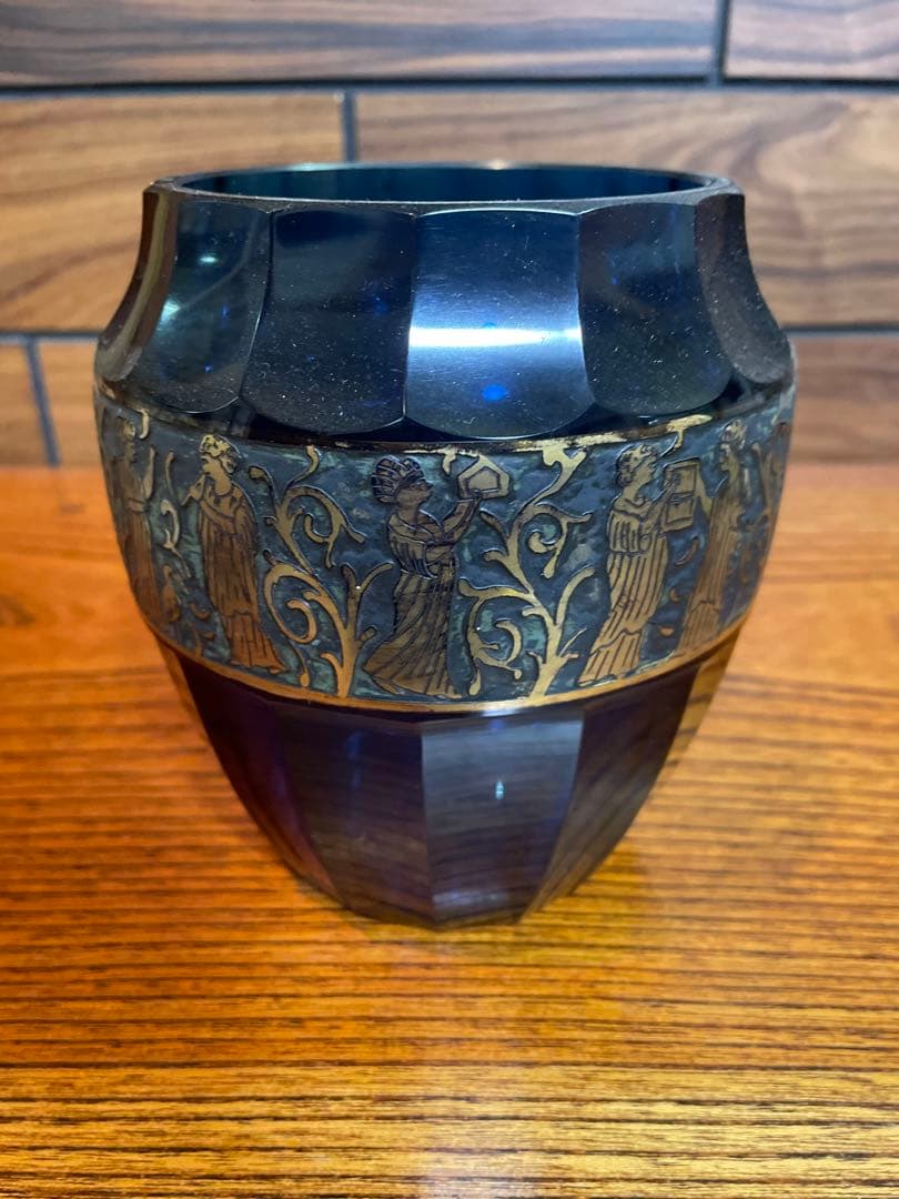 オールドモーゼル　花瓶　クリスタルガラス　金彩パチネ　コバルトブルー