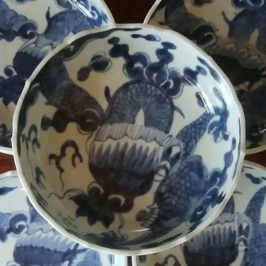 120  古伊万里　染付　龍文様　稜花形　膾皿　5客