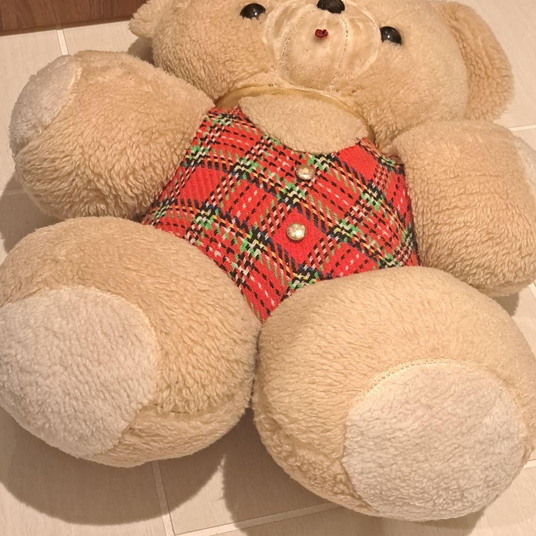 昭和レトロなベージュのチェック柄お洋服のクマ　ヴィンテージ　ビンテージ　当時物