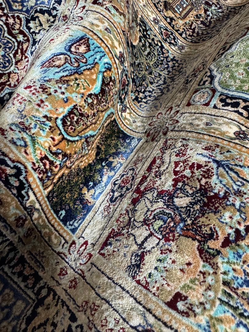 イラン製 ペルシャ絨毯 カシャーン 優雅な艶　高密度 ベージュ×ブルー