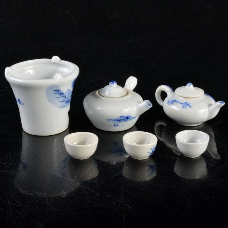 中国　青花　山水文　ミニチュア茶器　急須　涼炉　湯呑　4点　V　R4721