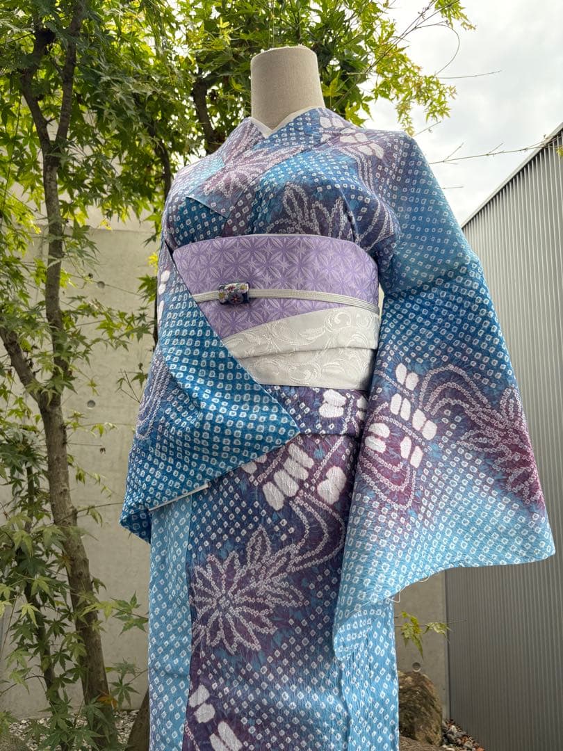 有松絞り浴衣 新品 仕立て上りhanashibori青水色紫地　ゆう様