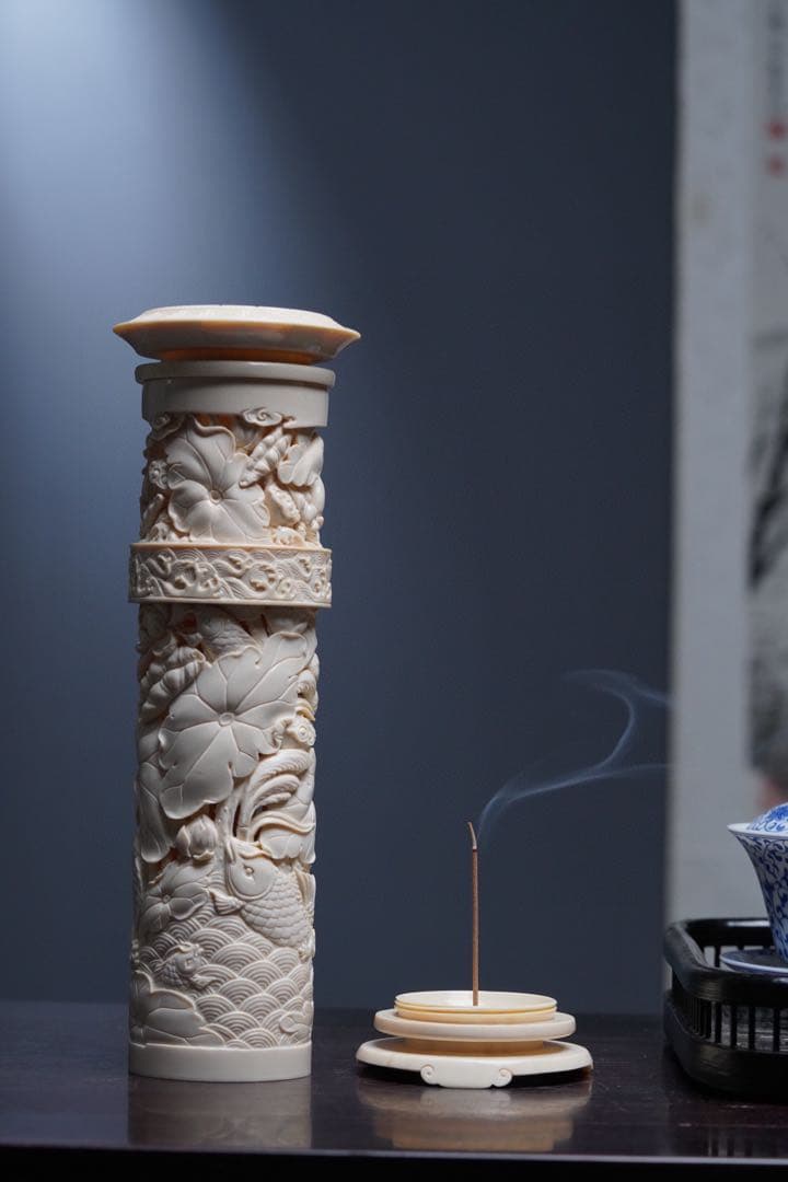 天然マンモス牙美しい手作り彫刻鯉の竜門登り香筒