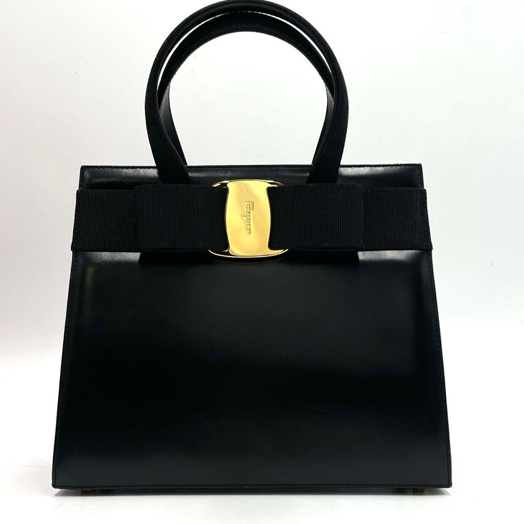 未使用級● フェラガモ 2way ハンドバッグ ヴァラリボン ブラック レザー