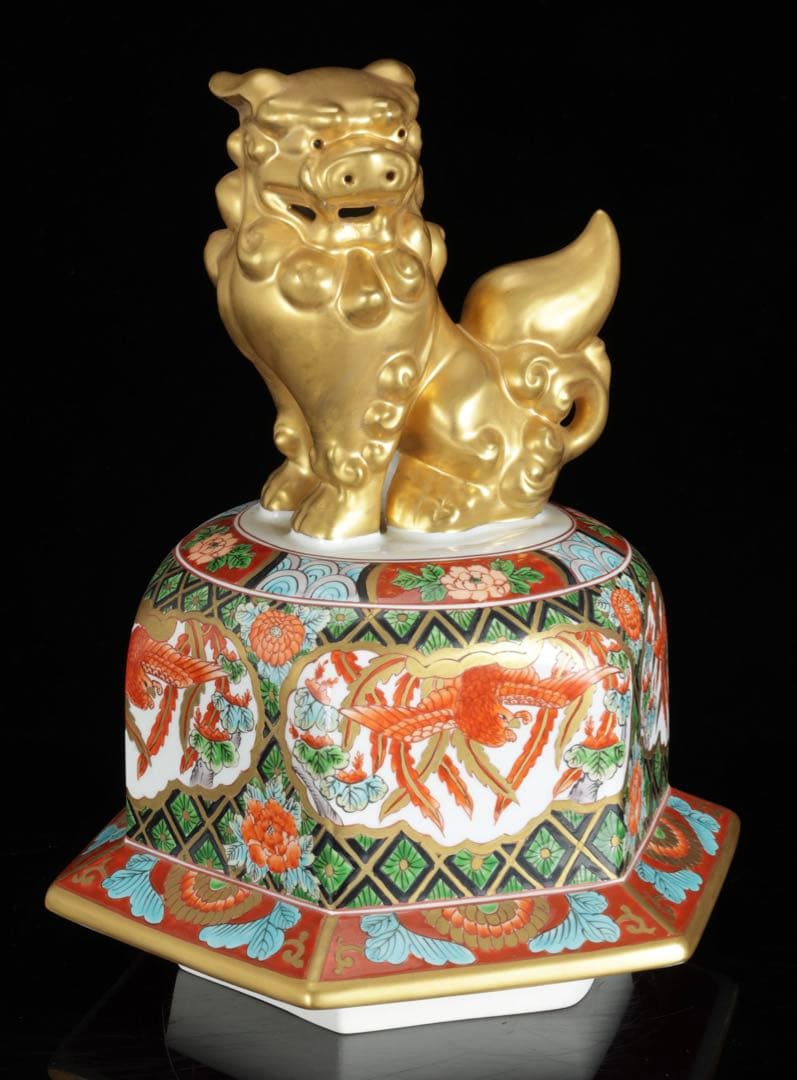 そ*ん様 有田焼 耕右衛門 染錦窓絵鳳凰花尽之図 獅子摘蓋特大三段壺 沈香壺 飾