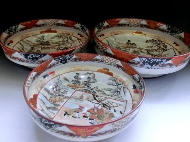 鉢■古九谷製赤絵窓武者図三つ鉢(江戸後期～明治期)大鉢 武士 三鉢 時代物骨董■