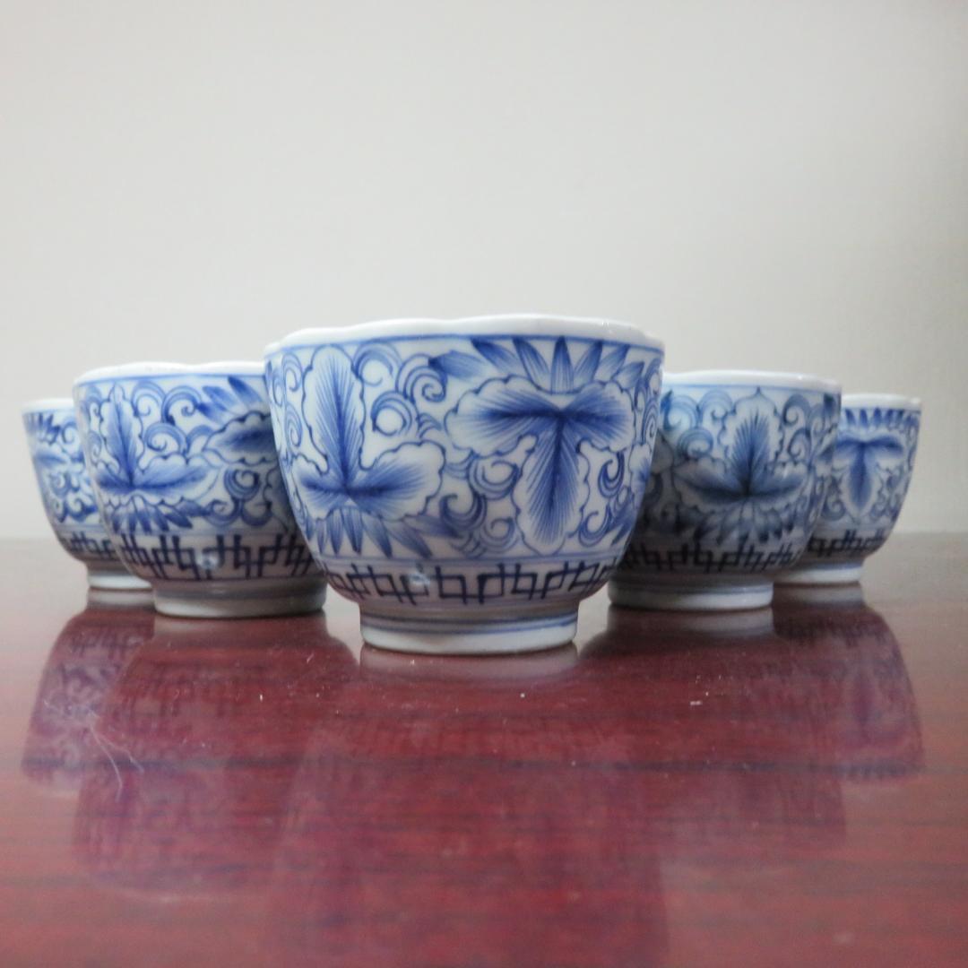 蕎麦猪口 5ケ 染付 向付 線画 古伊万里 窯傷 松竹梅 花文様