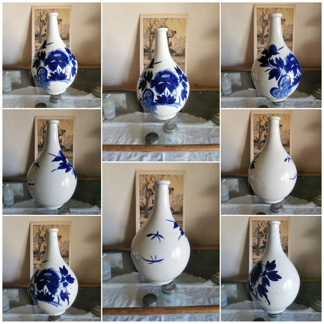 和骨董 古伊万里藍染付け 32㎝大特利 ニ升瓶 白磁 牡丹 菖蒲 蓮 蜉蝣 蟋蟀