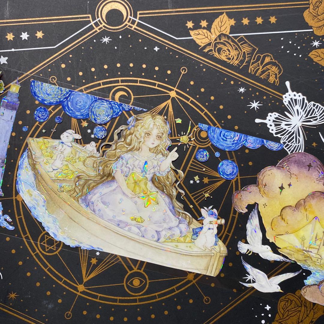 【9220】海外　マステ　中古巻　貝殻光マスキングテープ　人物系　星　夜　雲