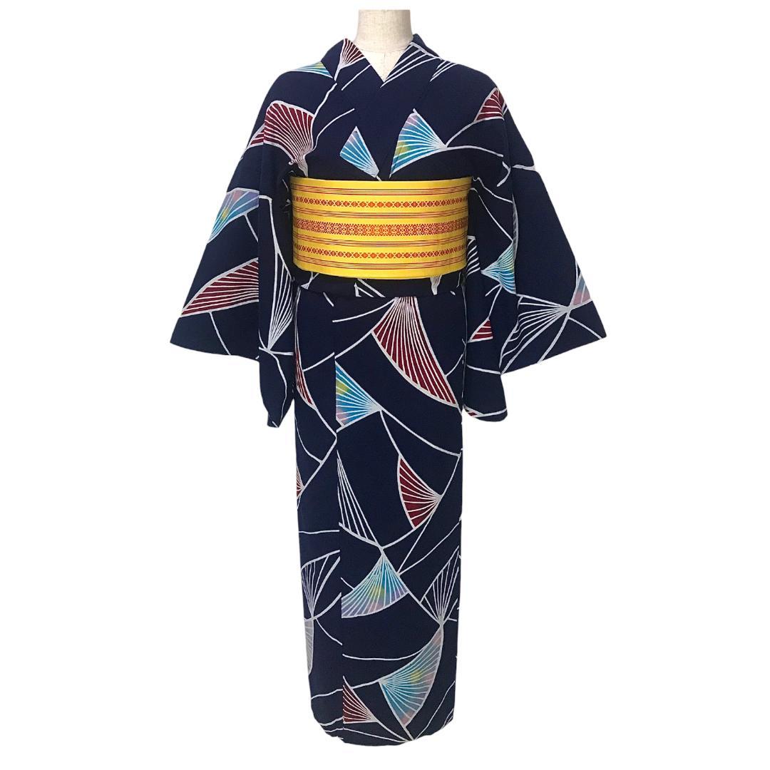 【浴衣】抽象模様　藍染 注染　紺 ネイビー　S　アンティーク ＋半幅帯セット