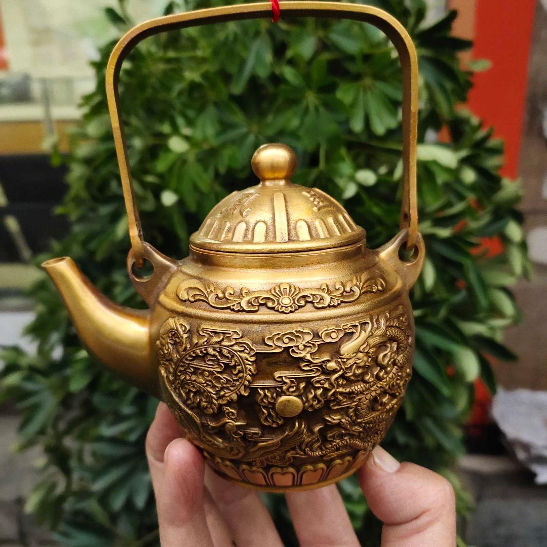 龍鳳呈祥提梁茶壺 酒壺 茶道 工芸 置物 銅製