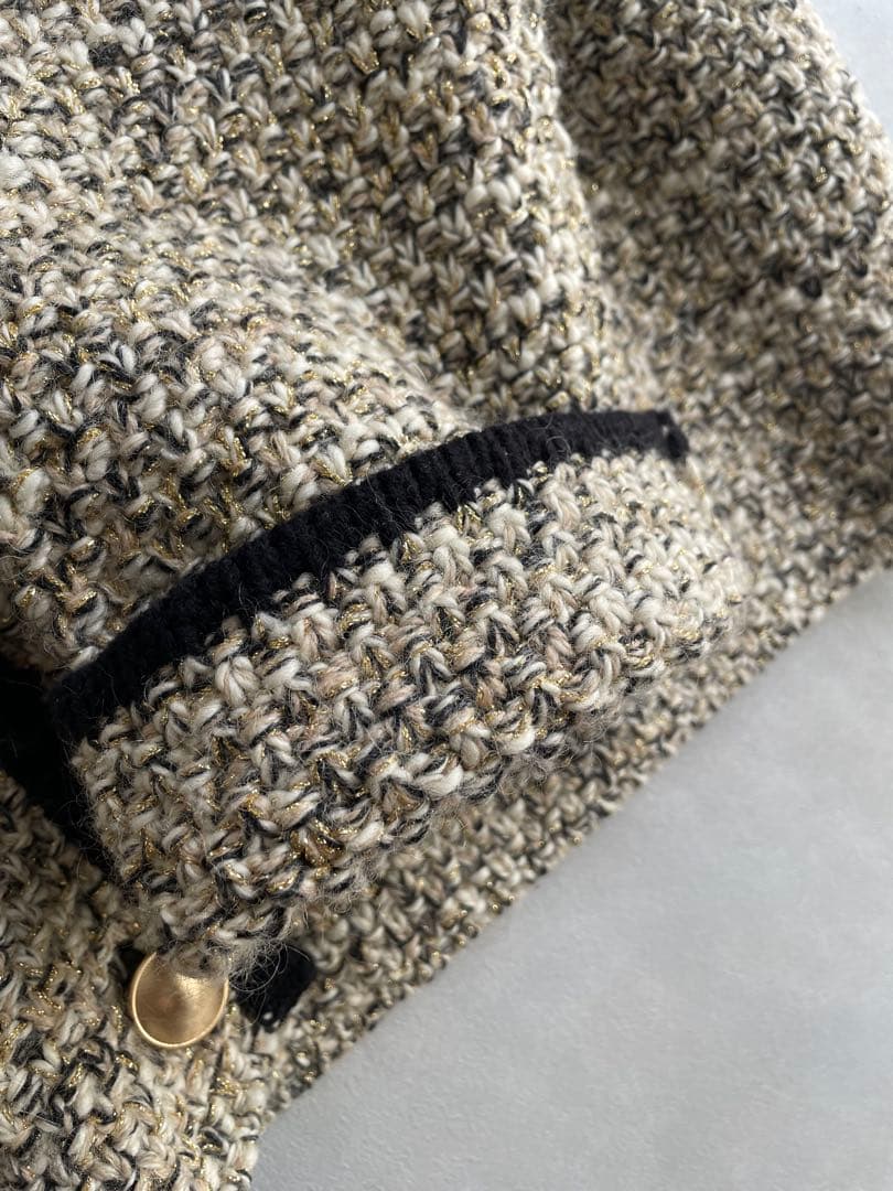 モガ　5.7万　鹿子編み　ウールニットジャケット　ゆったりめ　ゴールド　黒