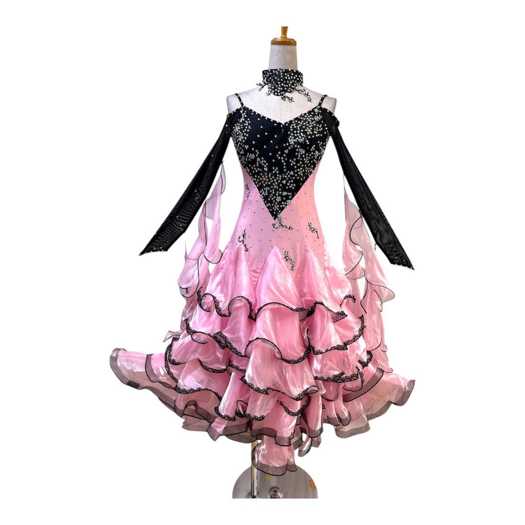 6264★SM ピンク 黒 フリル スタンダードドレス社交ダンス