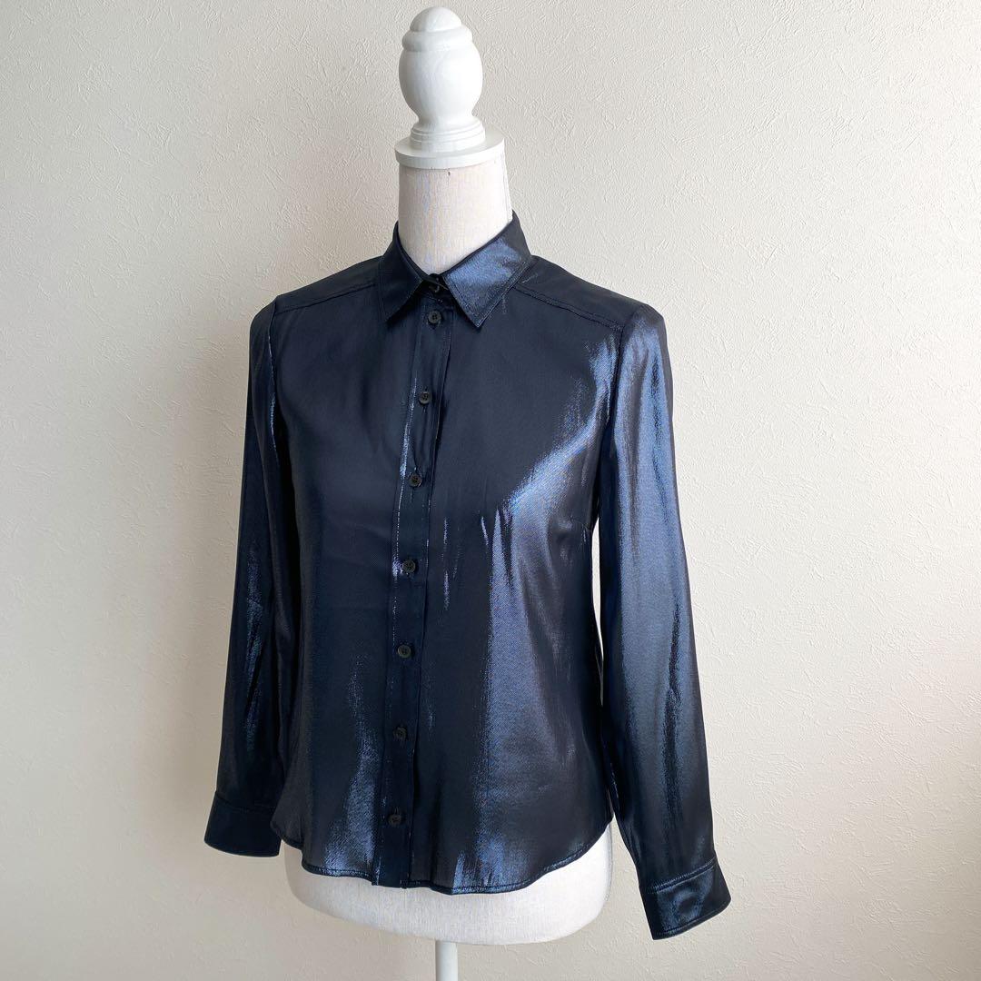 ✨GUCCI グッチ　シルク混ラメ長袖ブラウス　ネイビーグレー　イタリア製