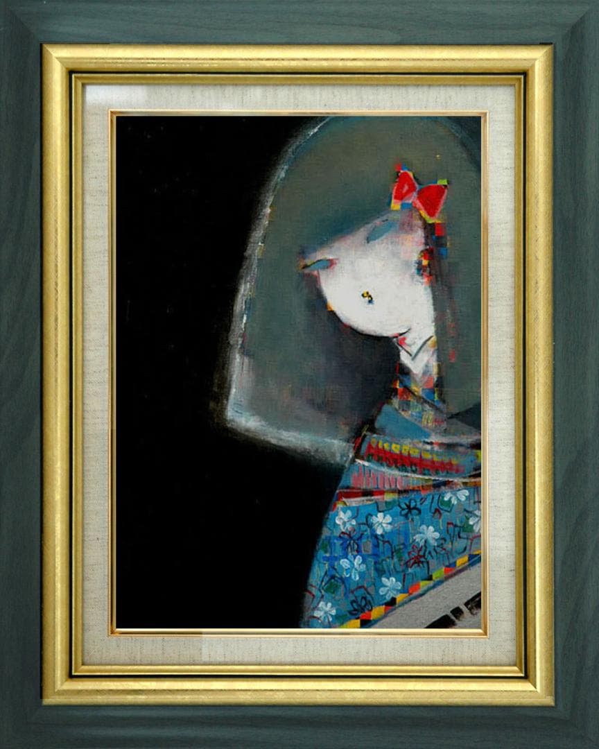 油絵 菅家令子絵 絵画インテリア額付(青緑＋金色の枠)F6-083111市松人形