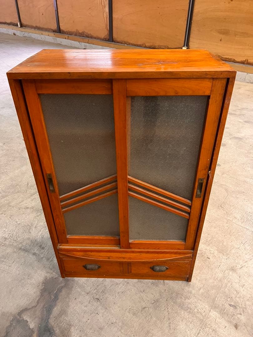 昭和レトロ 木製 引き戸棚 型板ガラス 収納家具