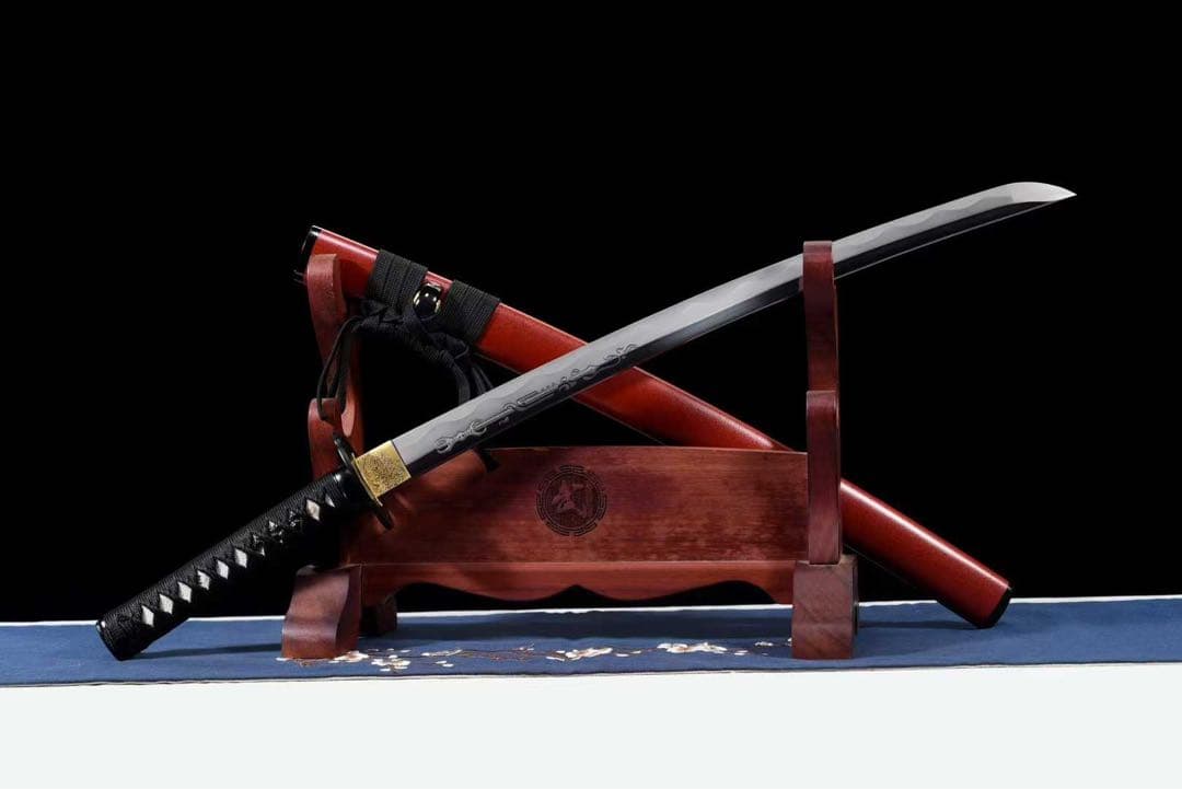 赤 脇差 武具 舞踊刀 三色研ぎ 鉄鍔 鮫皮巻き