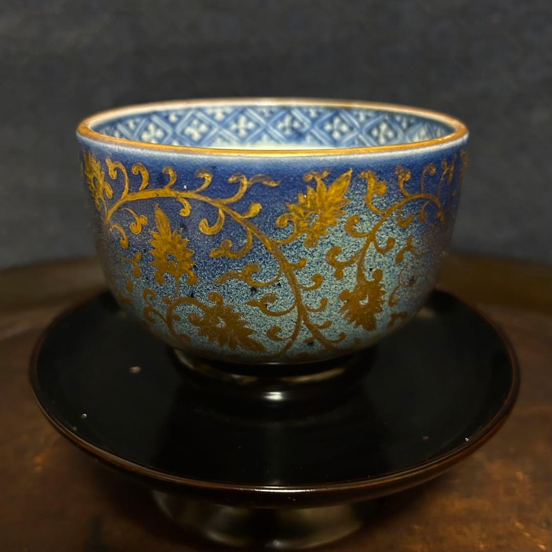 珍品　最上手「金蘭花唐草瑠璃釉のころ茶碗」 無傷　本物保証