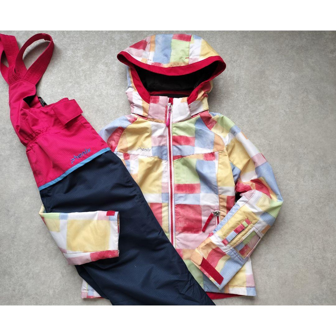 美品Phenix スキーウェア 女の子140 130 パステルチェック×紺 上下
