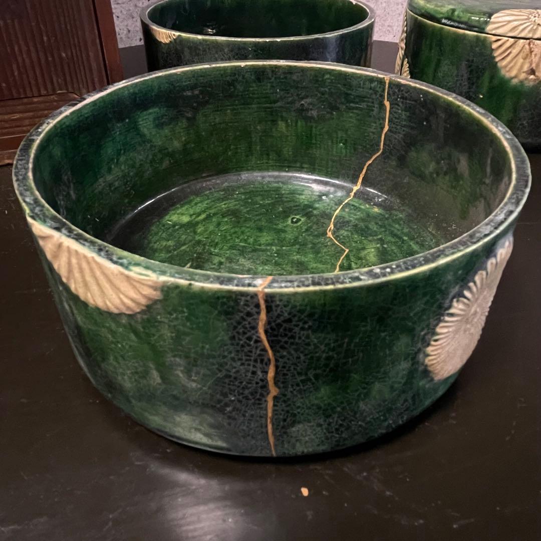 陶器　三段重　アンティーク　骨董品　貫入　金継ぎ　焼物　蓋物