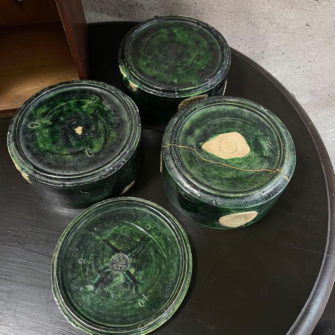 陶器　三段重　アンティーク　骨董品　貫入　金継ぎ　焼物　蓋物