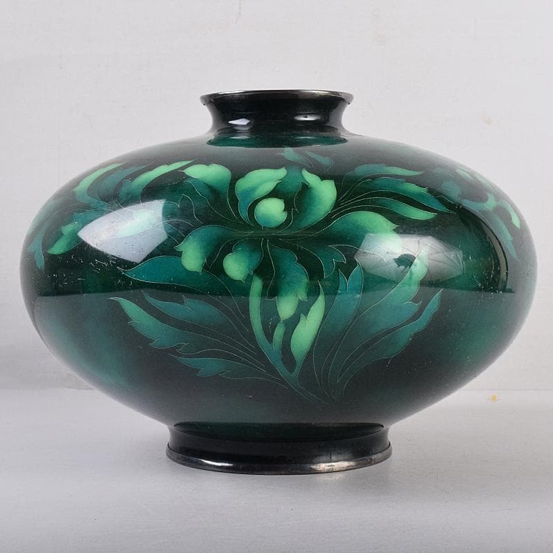 七宝焼　安藤七宝店　SILVER刻印　翡翠釉　花文　花瓶　共箱　M　R8879B