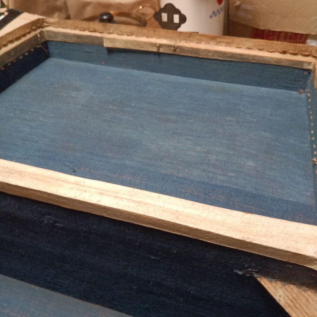 大正レトロ　海上萬昌威造　表面皮　木製箱 青い内装