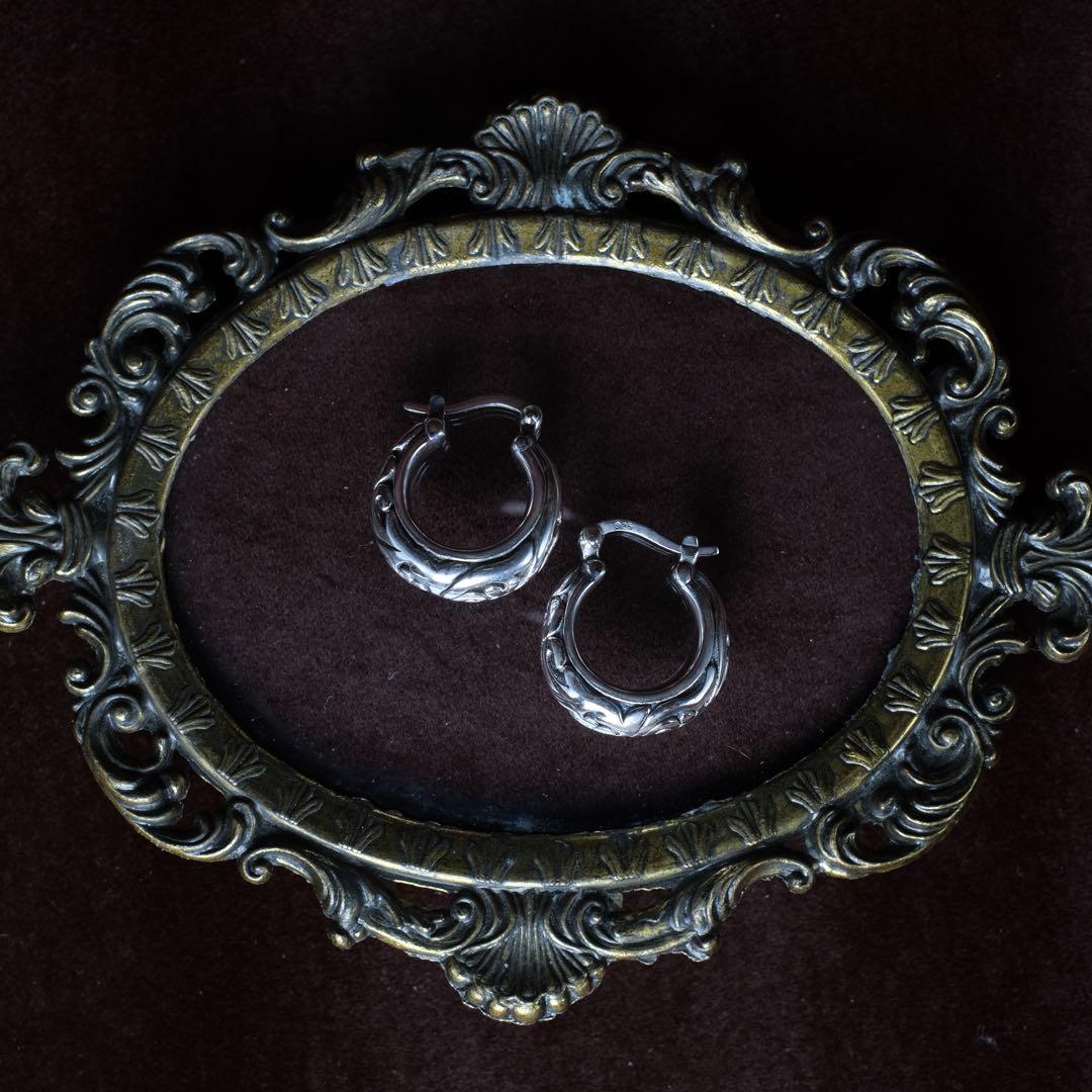 シルバー925 silver 唐草彫りフープピアス/軽研磨仕上げ/両耳