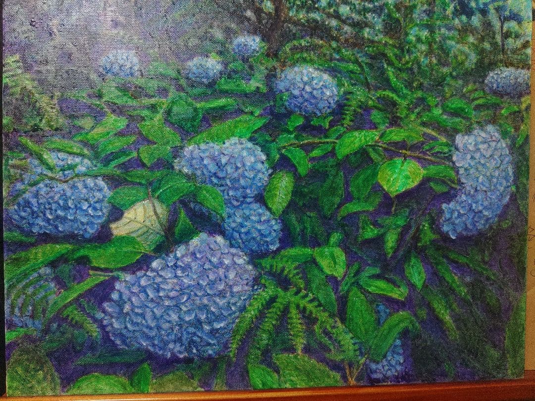 憂鬱を吹き飛ばす!森の中で出会った奇跡の紫陽花、油絵