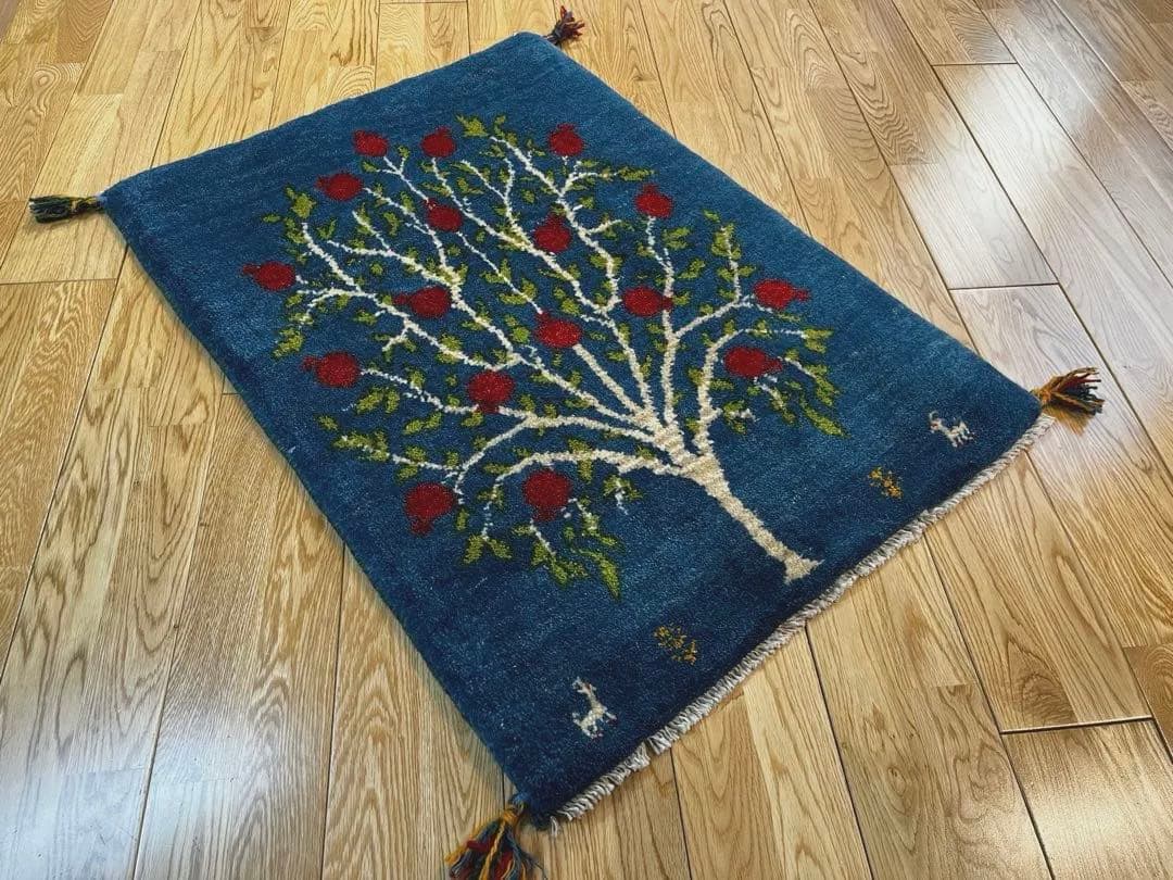 【年末キャンペーン】ペルシャ　ギャッベ 玄関　90×63 藍色　ザクロの木