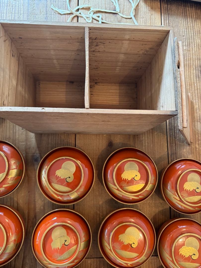 「明治〜大正 骨董 漆器 吸物椀 20客 ■華やか鶴蒔絵 ■箱付き ■送料込み」