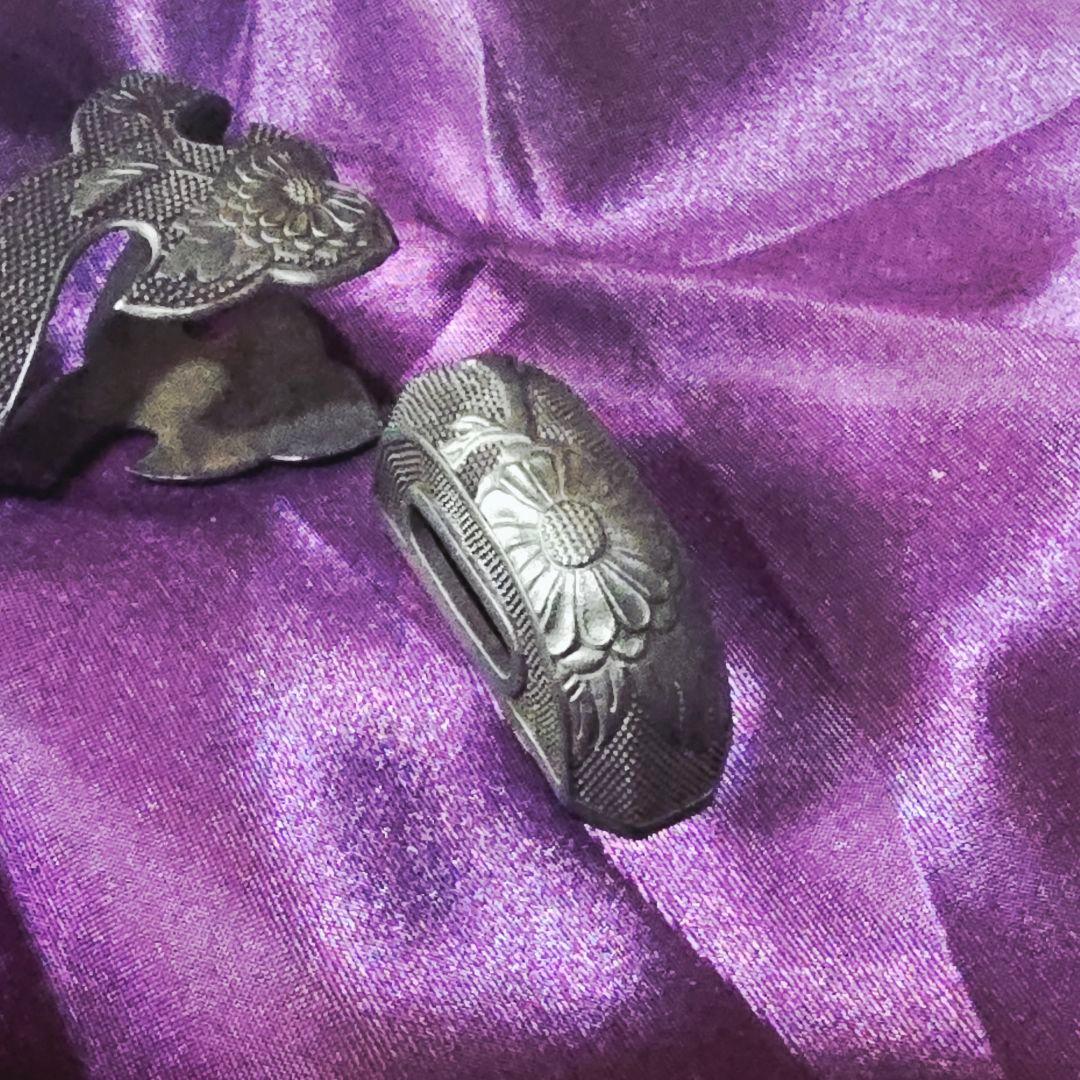 菊花文 銅地緑頭 半太刀拵 縁頭・栗形・尻金 揃金具 大縁42mm