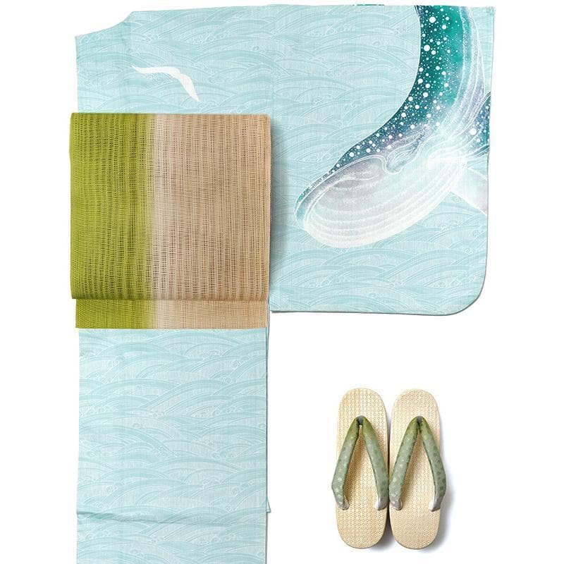 etoile.5❤️ ★ミントグリーン地にクジラと波柄★めずらしい絵羽浴衣