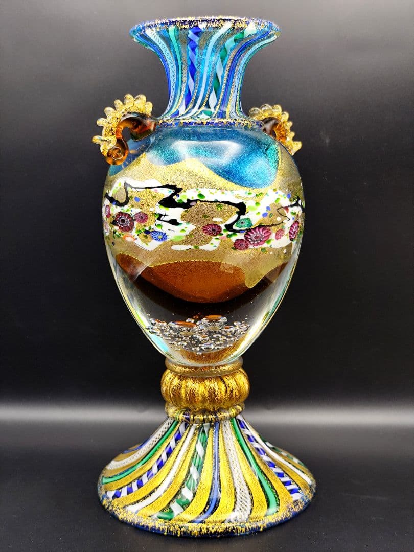 サイン有り☆現代の名工 黒木国昭 作 金彩象嵌「夢光琳」ヴェネチアレース 大花器