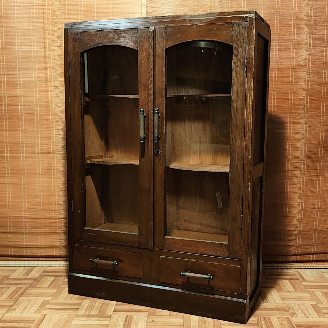 ガラス扉の本棚　食器棚　昭和レトロ　古家具