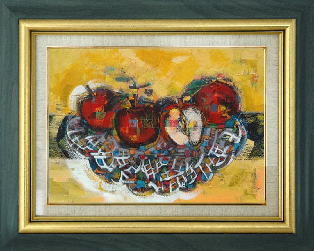 油絵菅家令子絵 絵画インテリア 額付(青緑＋金色の枠)uF6-060110 果物