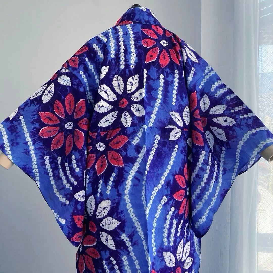 有松絞り　手縫い上質浴衣　レトロな大輪花模様　No.3-66