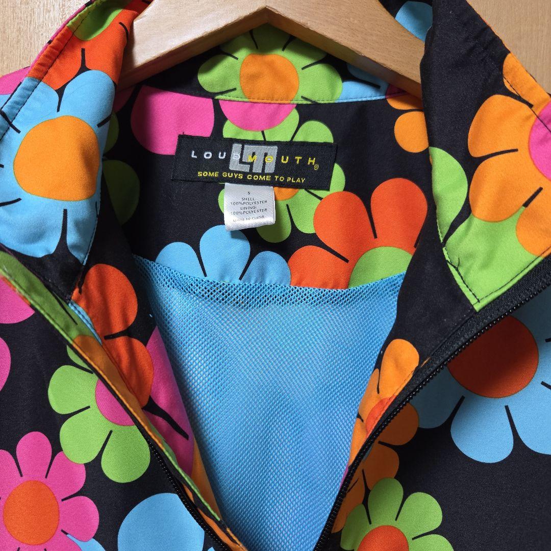 ラウドマウス 黒×マルチ花柄 ハーフジップ 刺繍ロゴ アノラック