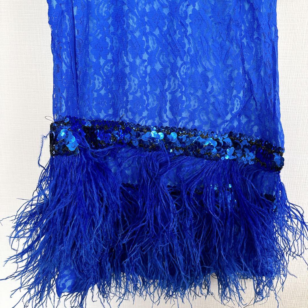 海外デザイン 社交ダンス ドレス ブルー フリンジ スパンコール レース装飾