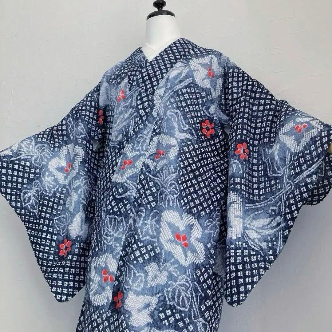 有松鳴海絞り　絞り浴衣　グレー　暈し　手縫い身丈162cm No.1-100