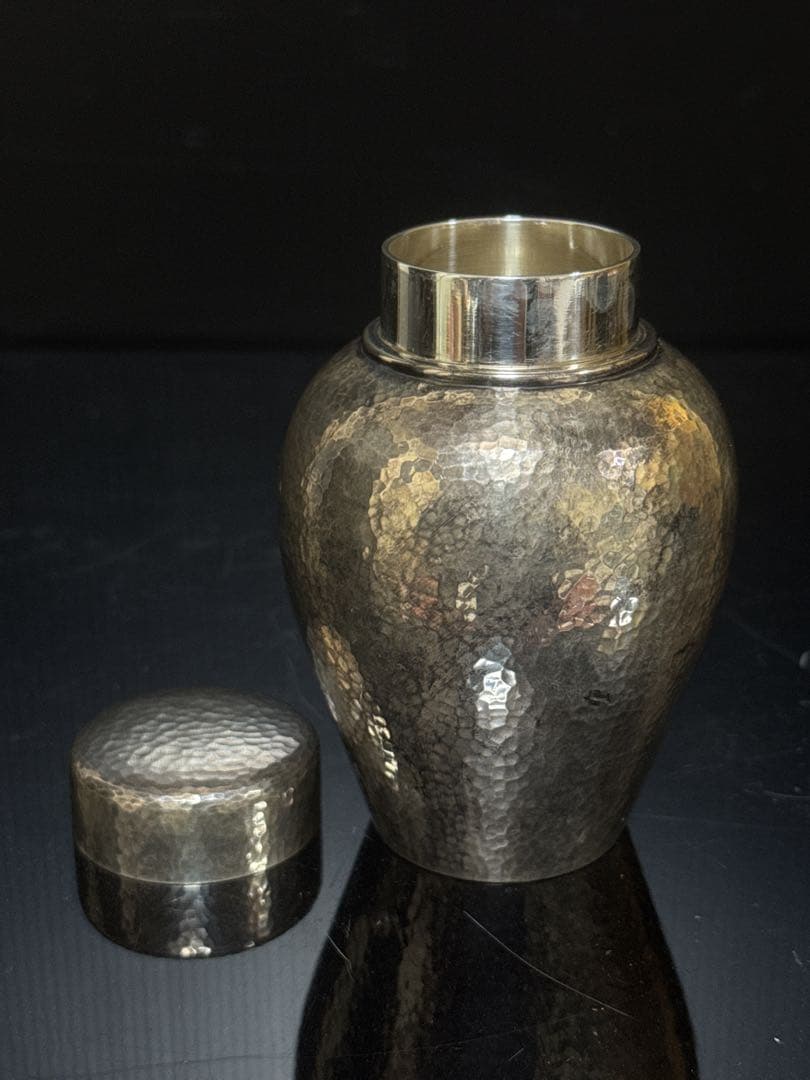 極上 純銀 槌目 二重口蓋 棗型 茶入 茶壷 茶道具 桐箱付