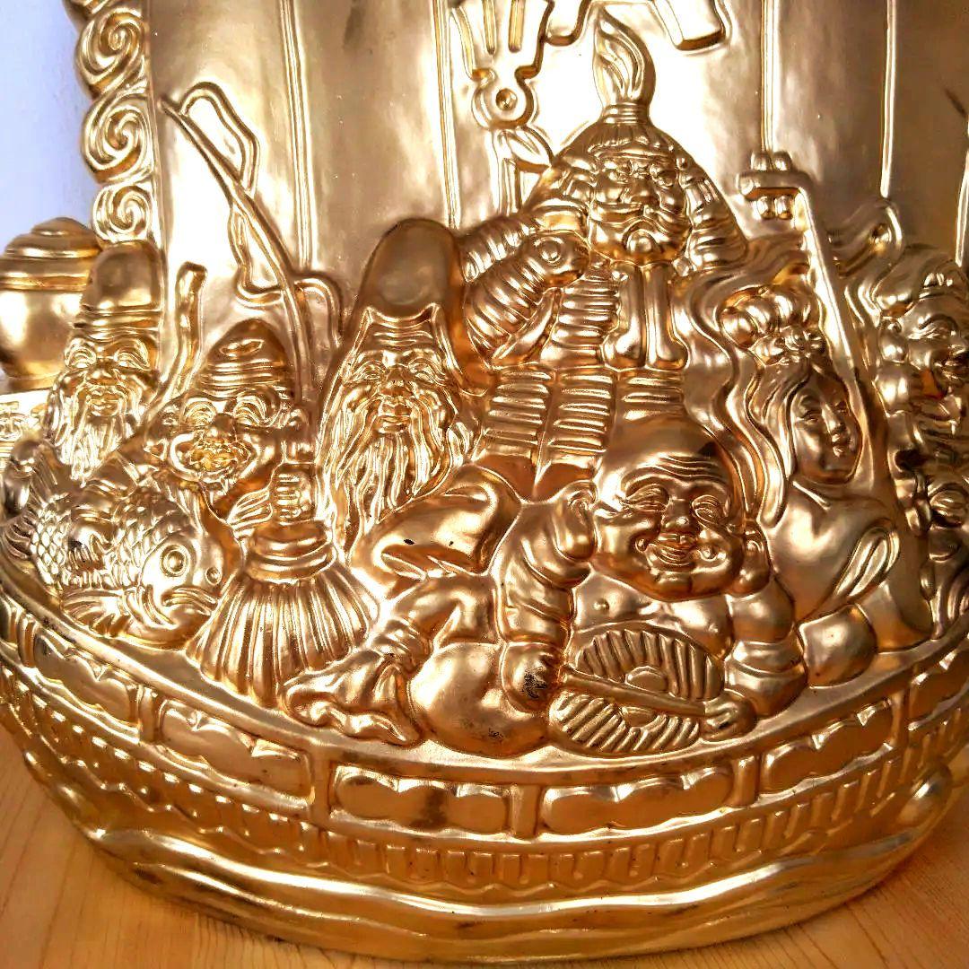 特大 金色宝船 金七福神 千両箱 開運 高43cm オブジェ 風水 陶器製