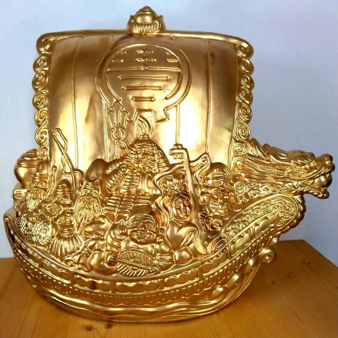 特大 金色宝船 金七福神 千両箱 開運 高43cm オブジェ 風水 陶器製