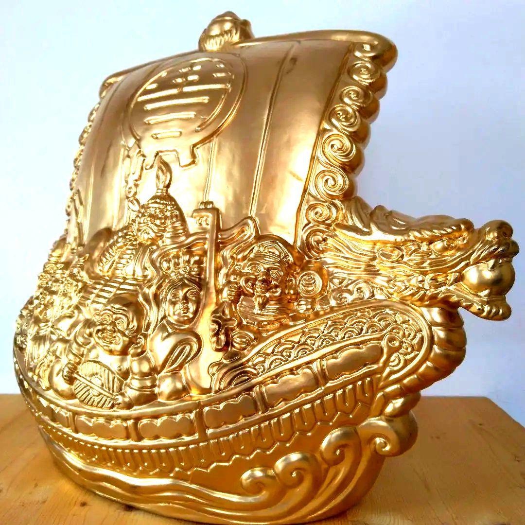 特大 金色宝船 金七福神 千両箱 開運 高43cm オブジェ 風水 陶器製