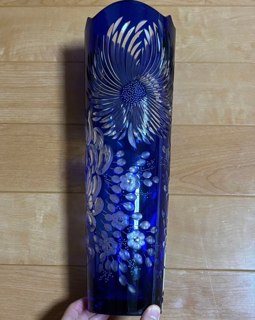未使用 マイセン クリスタル 花 蝶 青被せ 大型 花瓶 フラワー 37cm