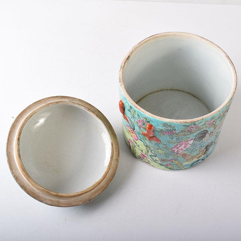 中国　粉彩　花鳥文　蓋付壺　時代箱　V　7753C